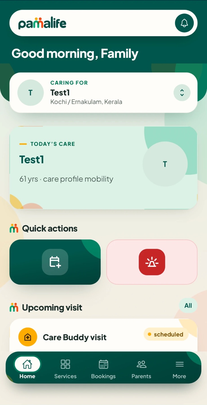 Pama Life app home screen showing today's care and quick actions