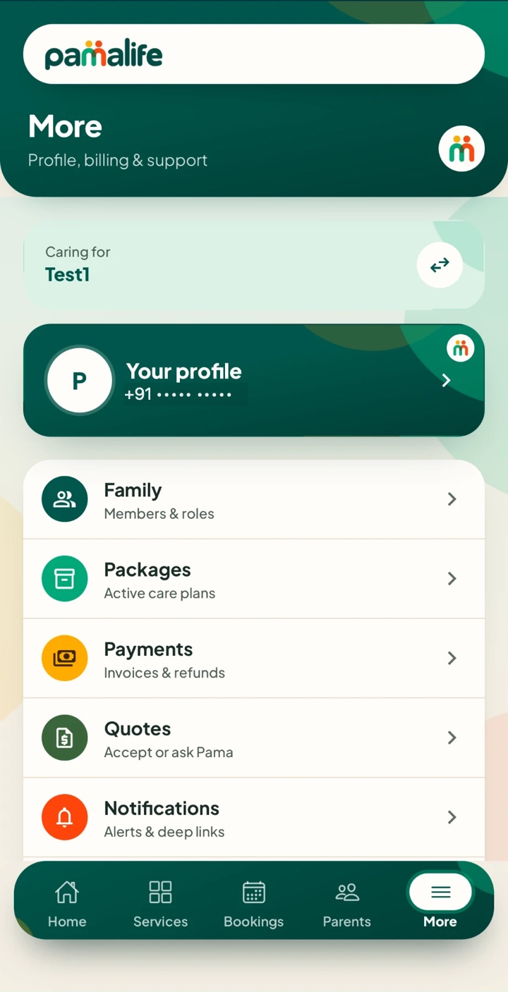 Pama Life app menu with family, packages, payments and notifications