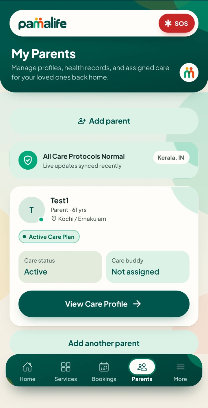 Pama Life app parents screen with care status and care buddy