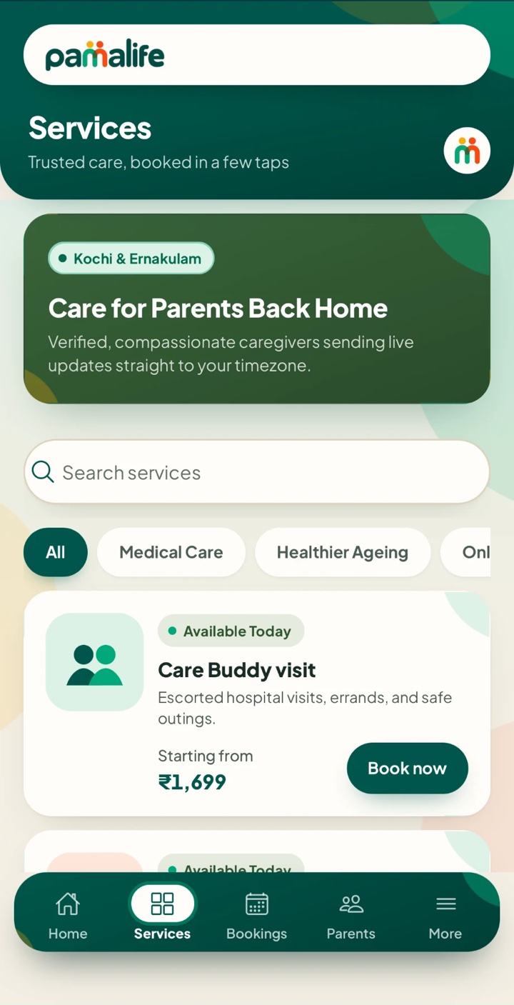Pama Life app services screen with Care Buddy visit pricing