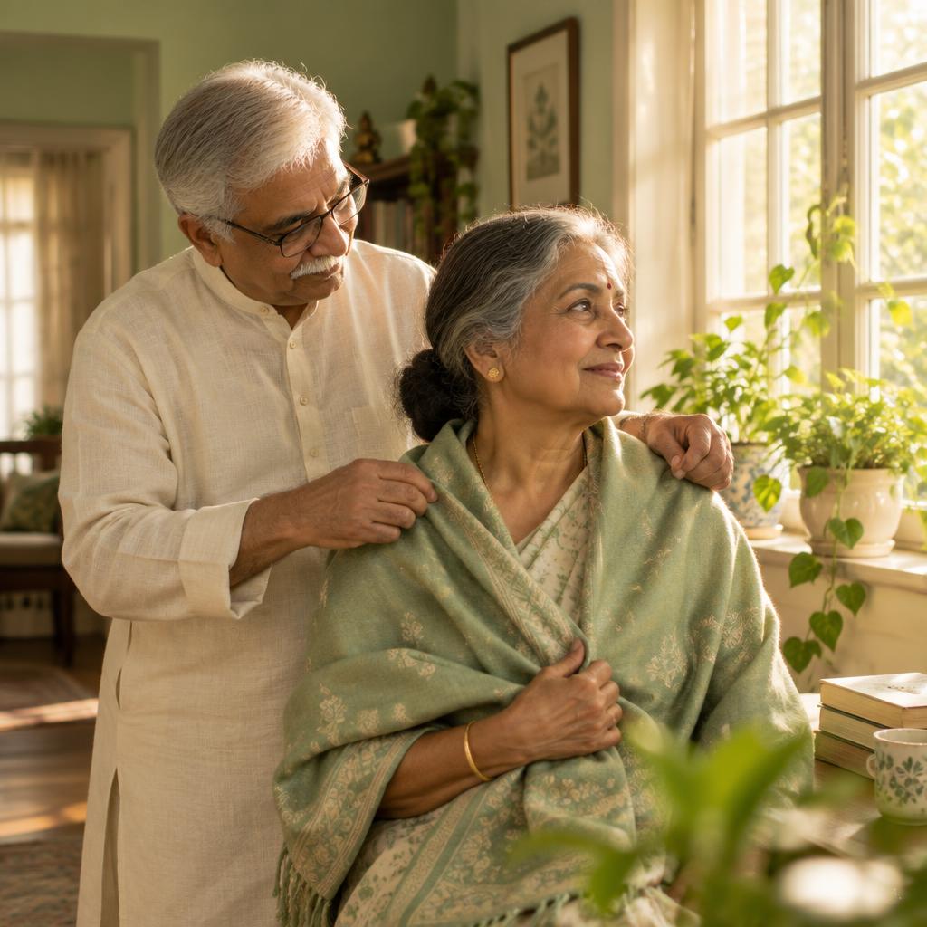 An elderly couple enjoying a quiet morning at home