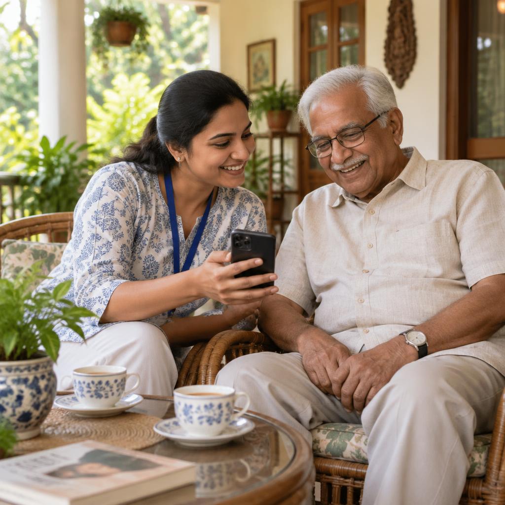 A Care Buddy sharing an update on a phone with a smiling father