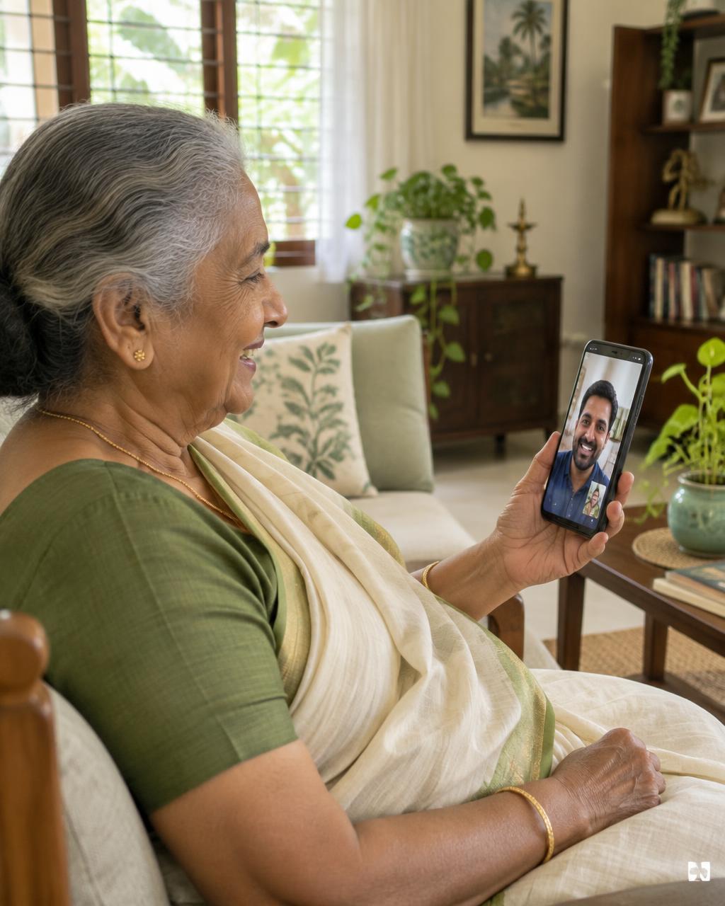 A mother sharing a video call with her son
