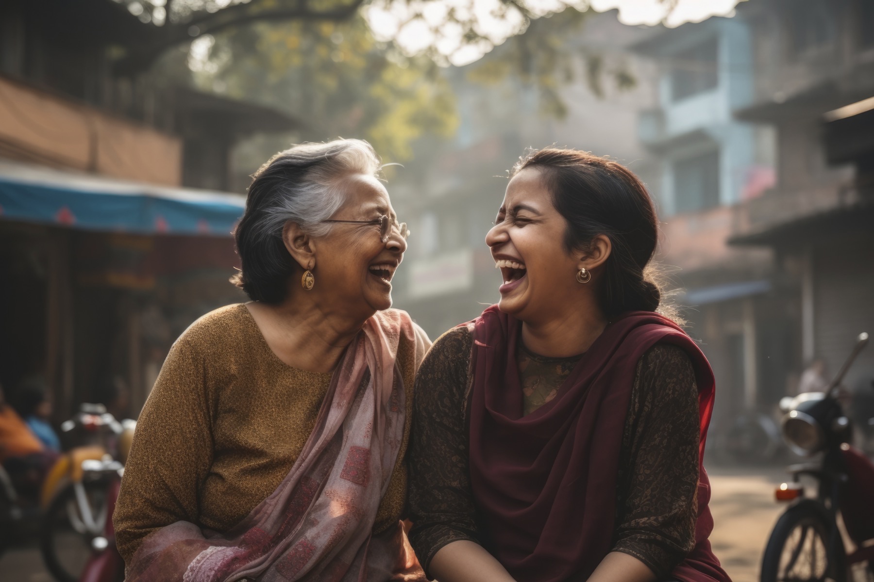 A daughter and her elderly mother laughing together