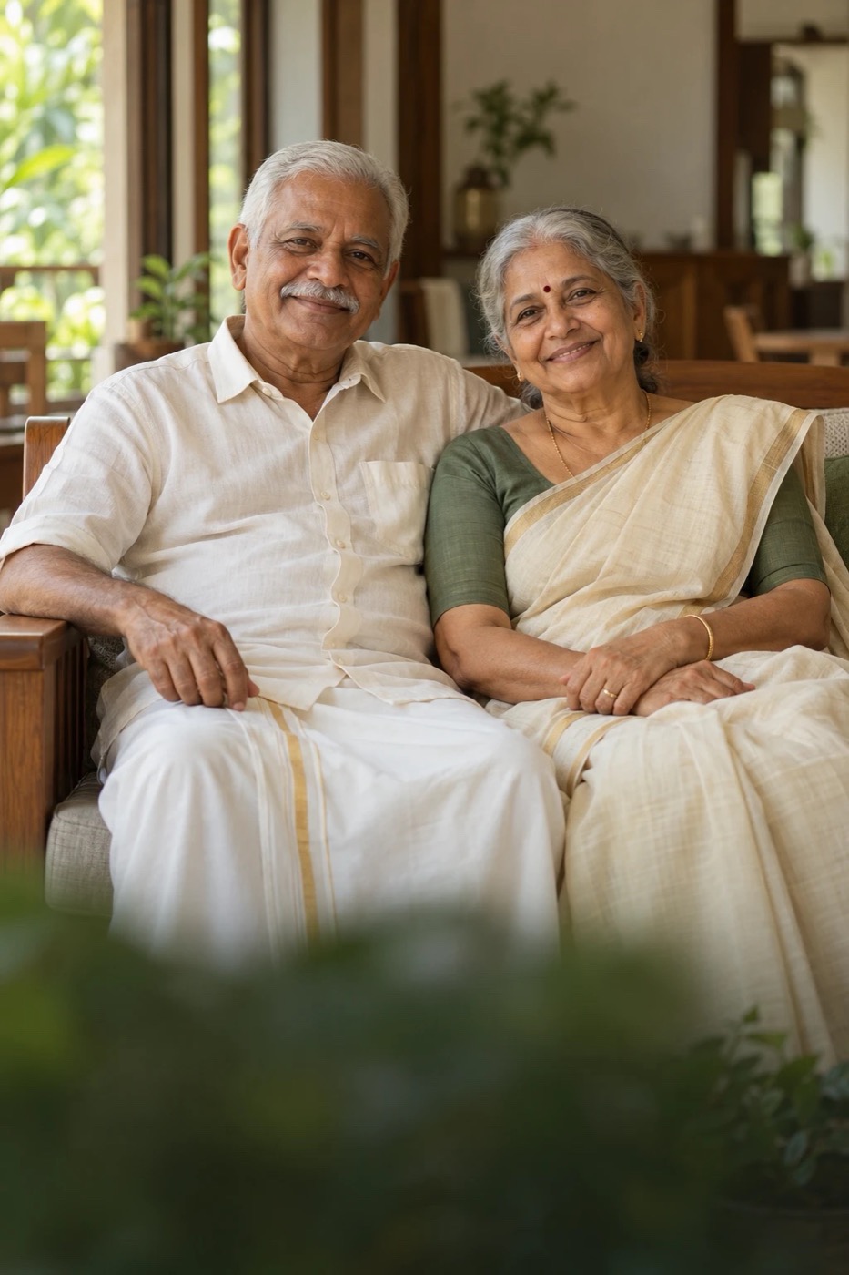 An elderly Kerala couple in traditional kasavu clothes smiling together at home